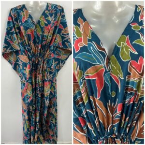 Teal Blue Multicolor leafy Print Cotton Maternity Kaftan