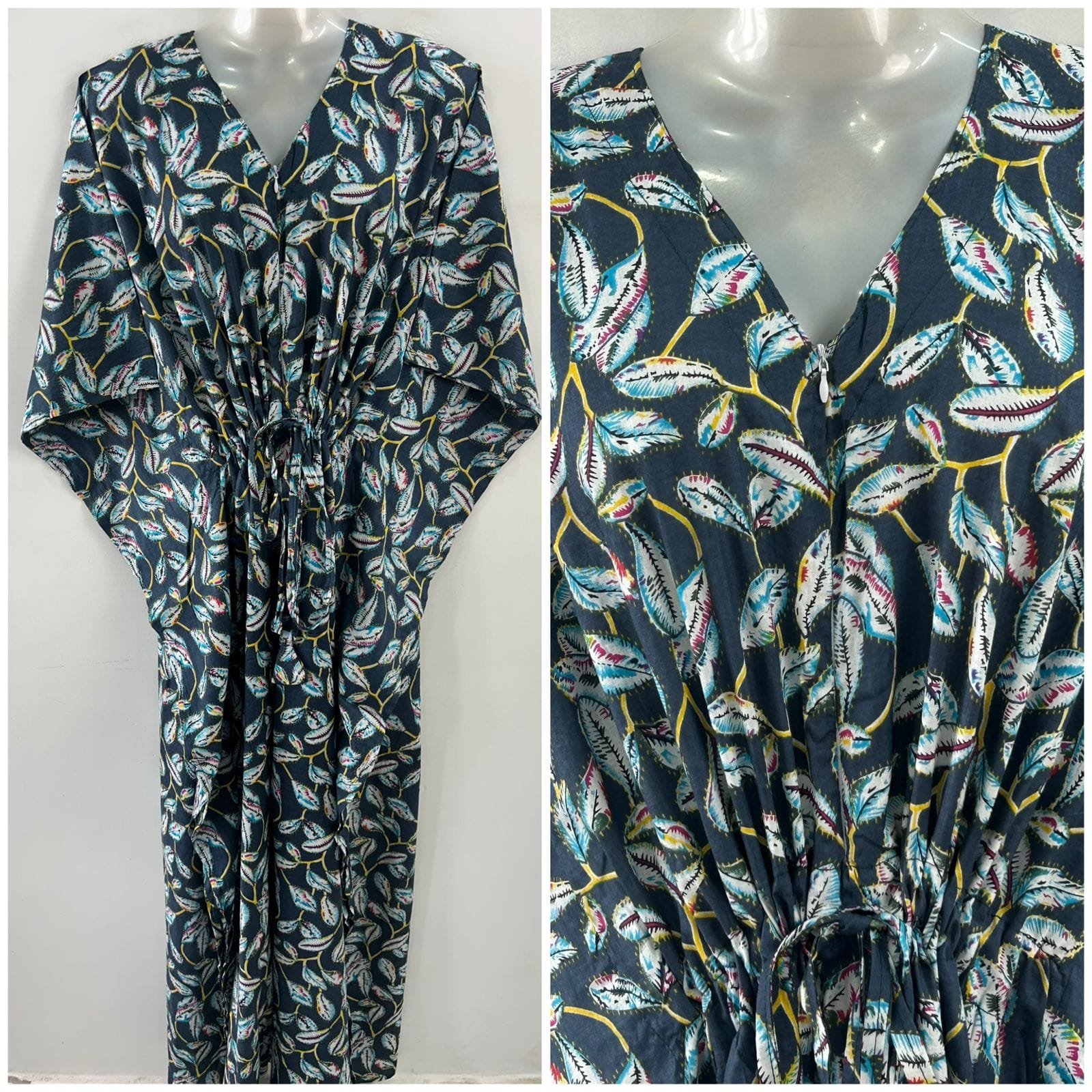 Dark Slate Grey shade Blue Petal Yellow bale Print Cotton Maternity Kaftan
