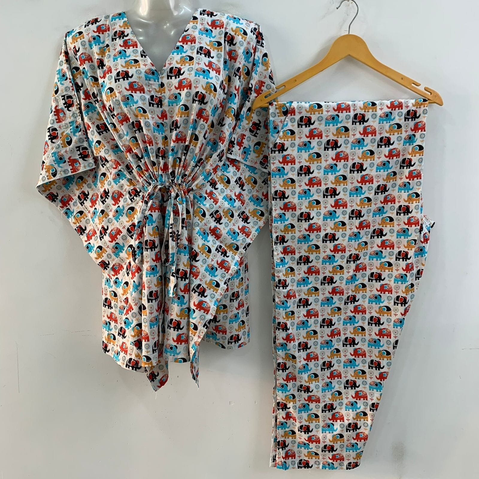 Black- Blue Toy Elephant Print Cotton Maternity Kaftan Co-Ord Set