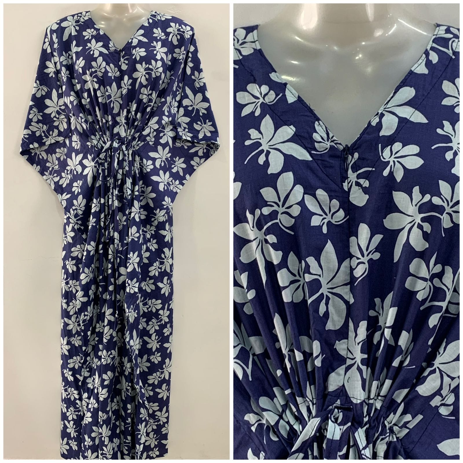 Blue Shade Autumn Leafy Print Cotton Maternity Kaftan
