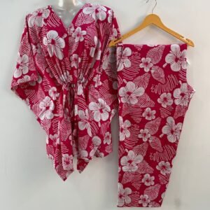Pink shade String Leafy Hibiscus Print Cotton Maternity Kaftan Co-Ord Set