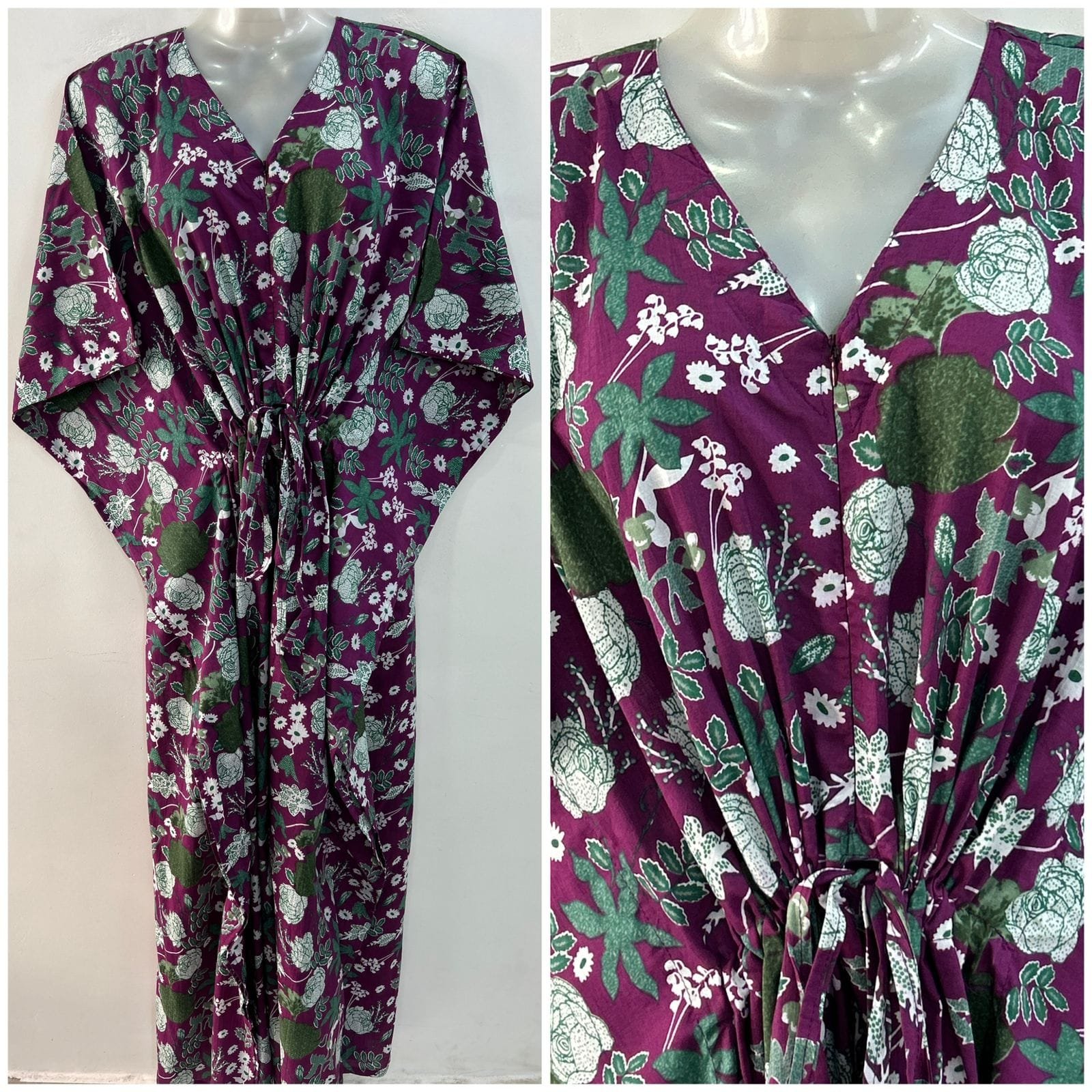Purple Shade Green Leafy Bale Print Cotton Maternity Kaftan