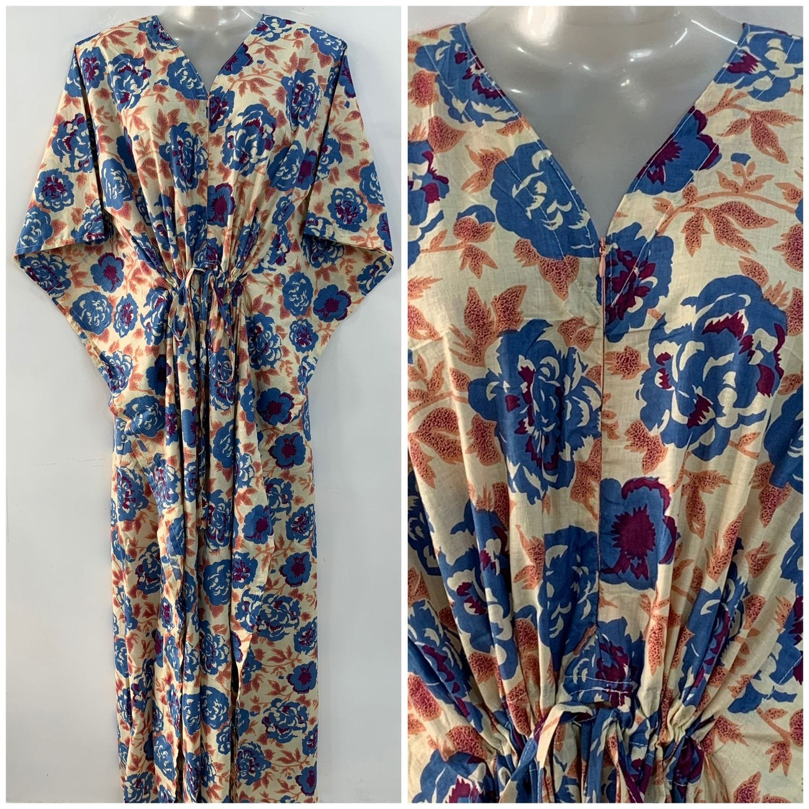 Cream shade Blue Bloomingdale Flower Print Cotton Maternity Kaftan