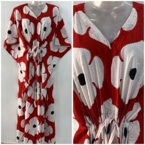 Red Shade Four Petals Flower Print Cotton Maternity Kaftan