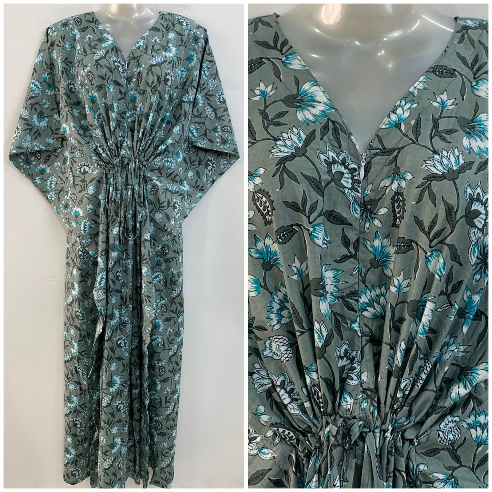 Grey shade Blue flower Bale Print Cotton Maternity Kaftan