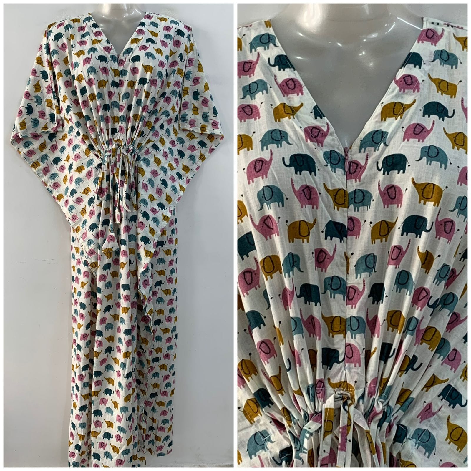 White Shade Pink- Blue Multicolor Tiny Elephant Print Cotton Maternity Kaftan