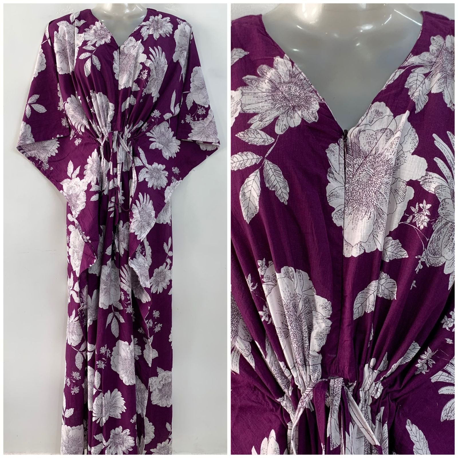 Dark Purple shade Big White Flower Print Cotton Maternity Kaftan
