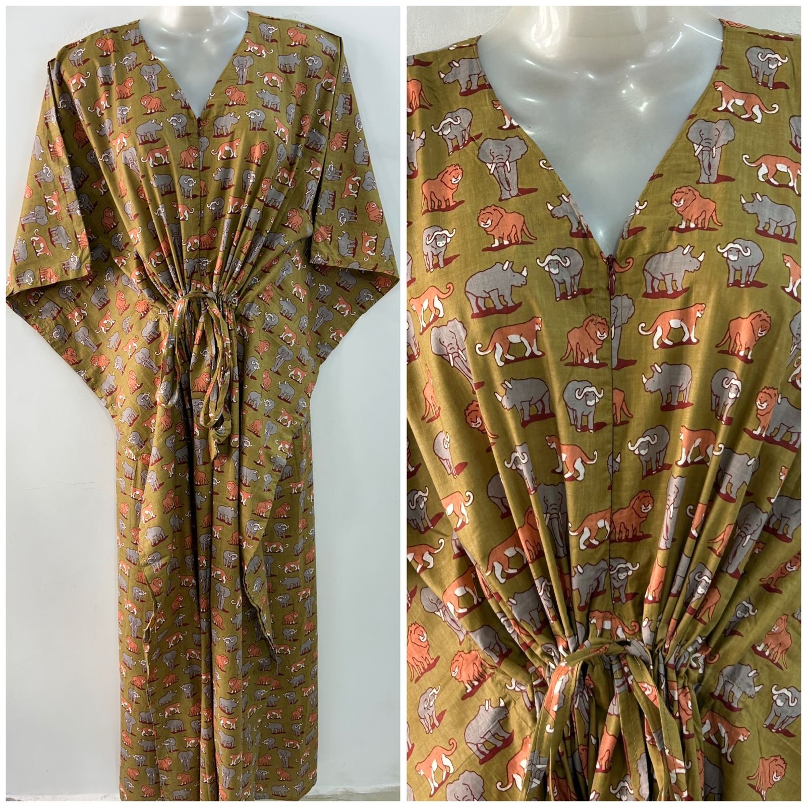 Brown Shade Grey-Peach Animal Print Cotton Maternity Kaftan