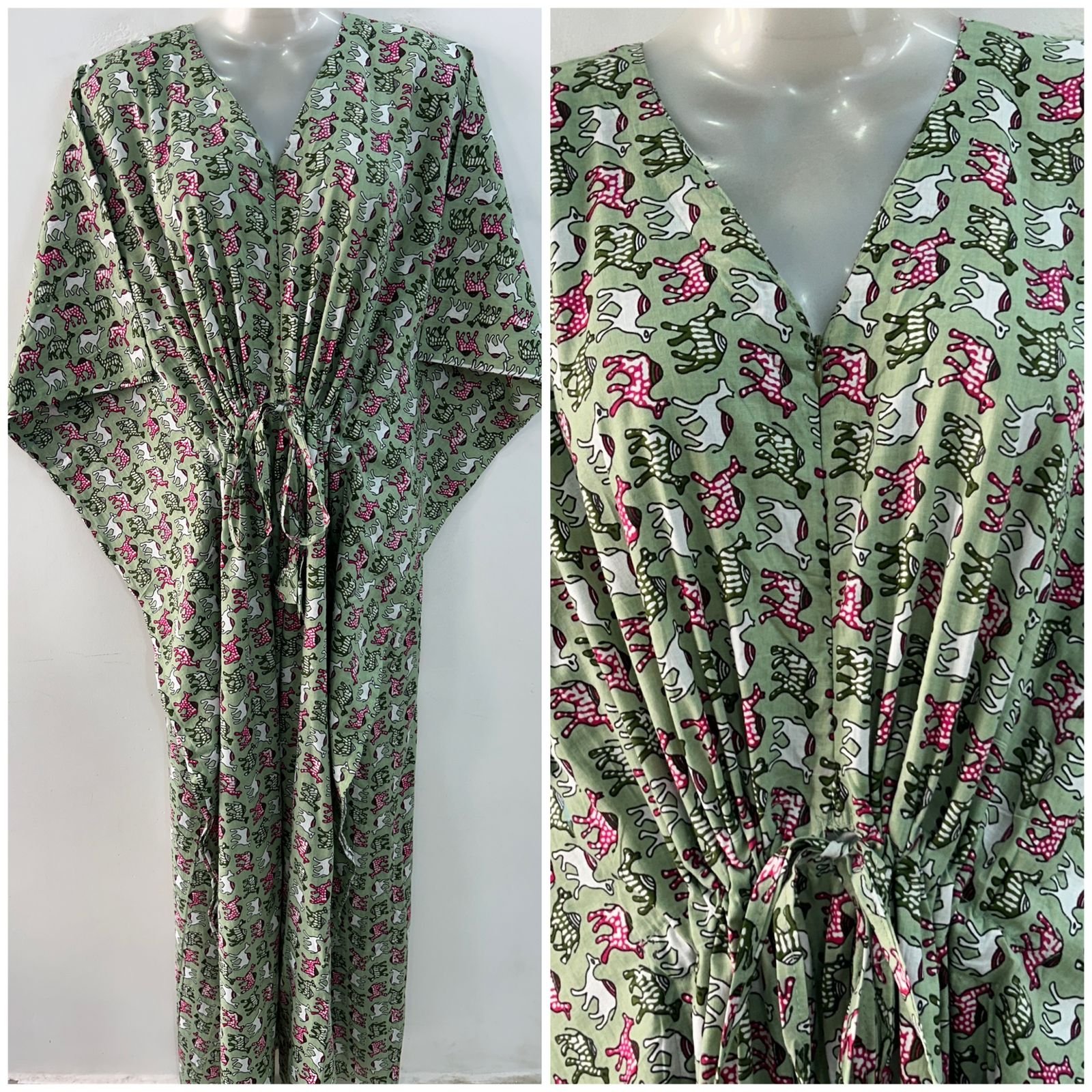 Green shade Stripe camel Print Cotton Maternity Kaftan