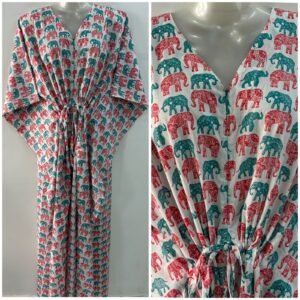 Red-Green Paper Elephant Print Cotton Maternity Kaftan