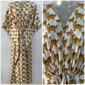 White Shade Yellow Dino Print Cotton Maternity Kaftan