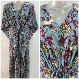 Light Blue shade Green Marigold Print Cotton Maternity Kaftan