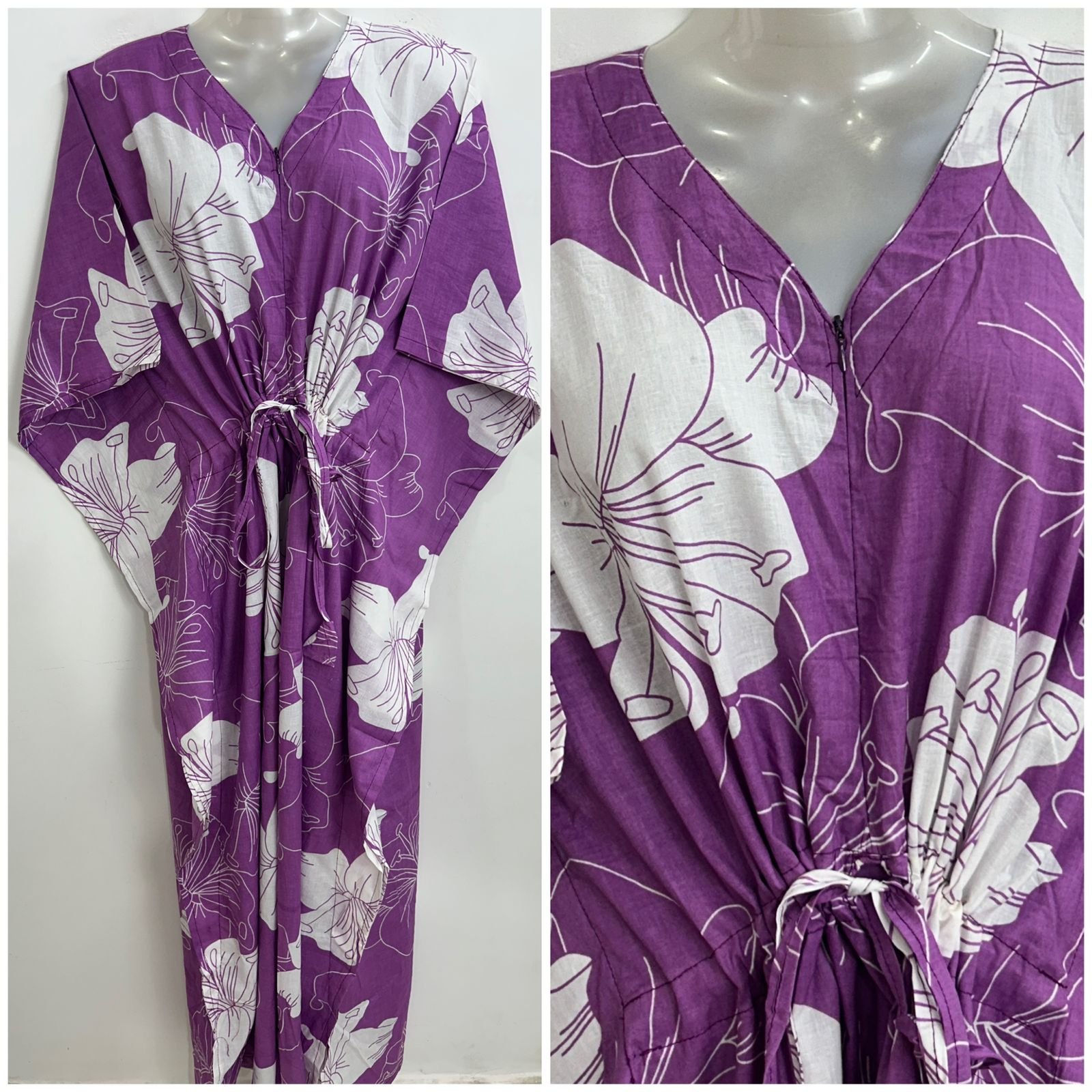 Purple Shade Big Hibiscus Print Cotton Maternity Kaftan