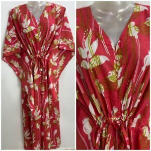 Peach Shade Green Lining Abstract Print Cotton Maternity Kaftan