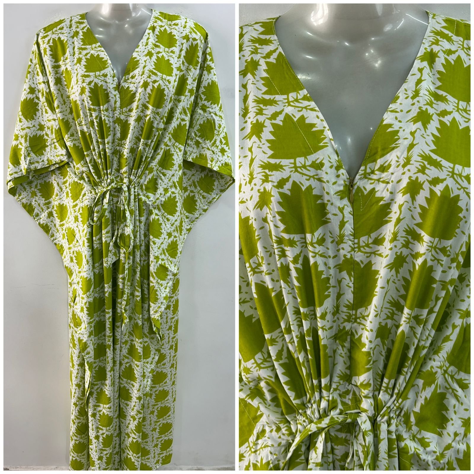 Light Green Shade Maple Leafy Print Rayon Maternity Kaftan