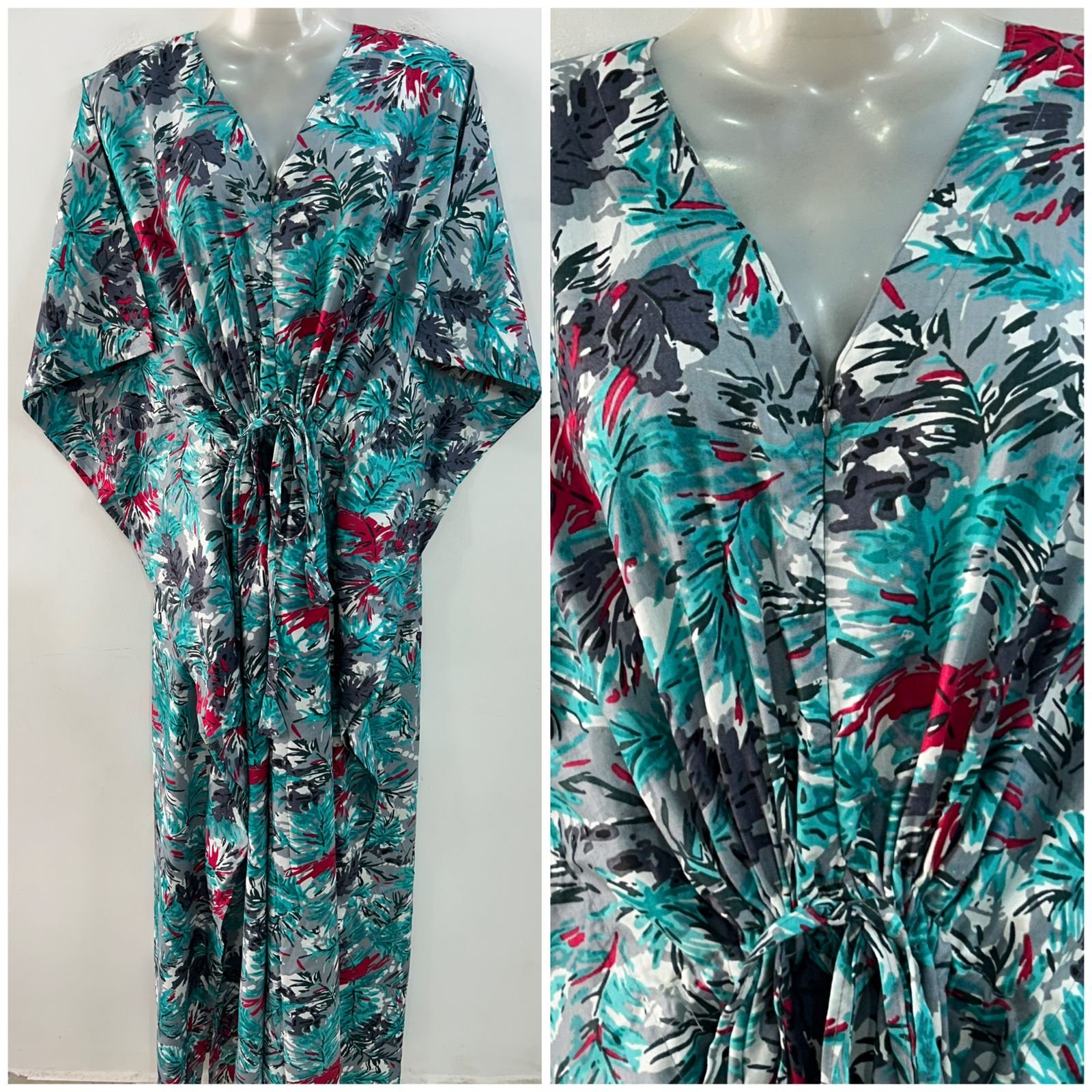 Grey Shade Green-Black Pine Leafy Abstract Print Rayon Maternity Kaftan