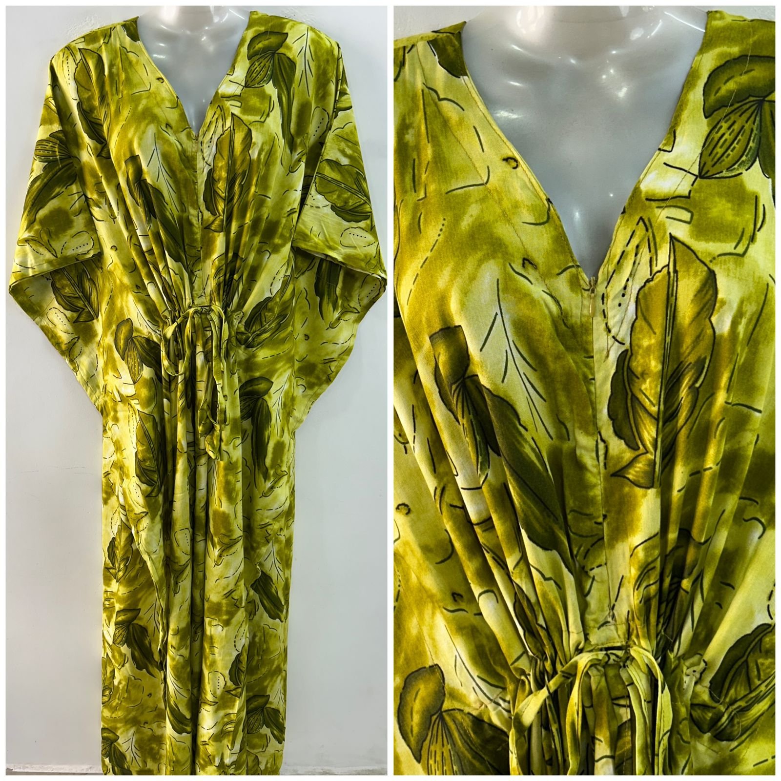 Lime Olive shade Leafy Abstract Print Rayon Maternity Kaftan