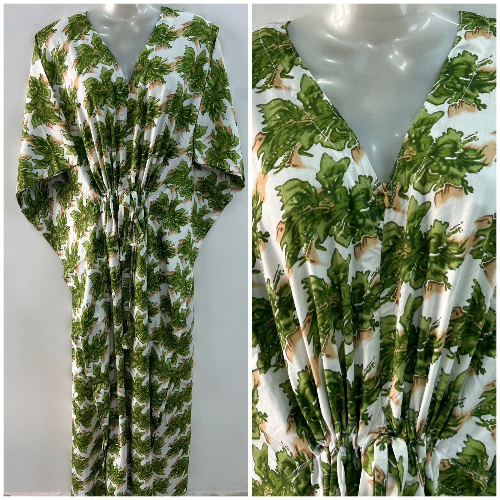 White shade Green Motif Leafy Print Rayon Maternity Kaftan