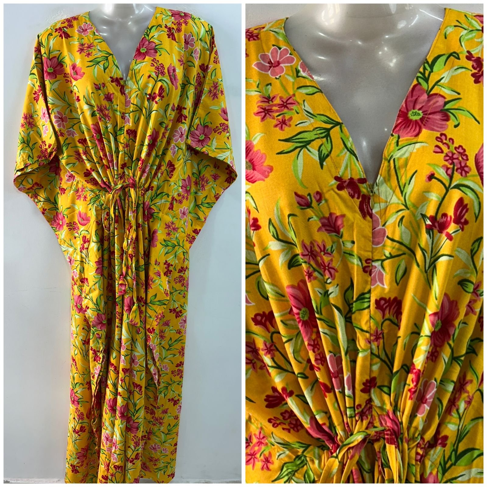 Yellow shade with Pink Floral Print Rayon Maternity Kaftan