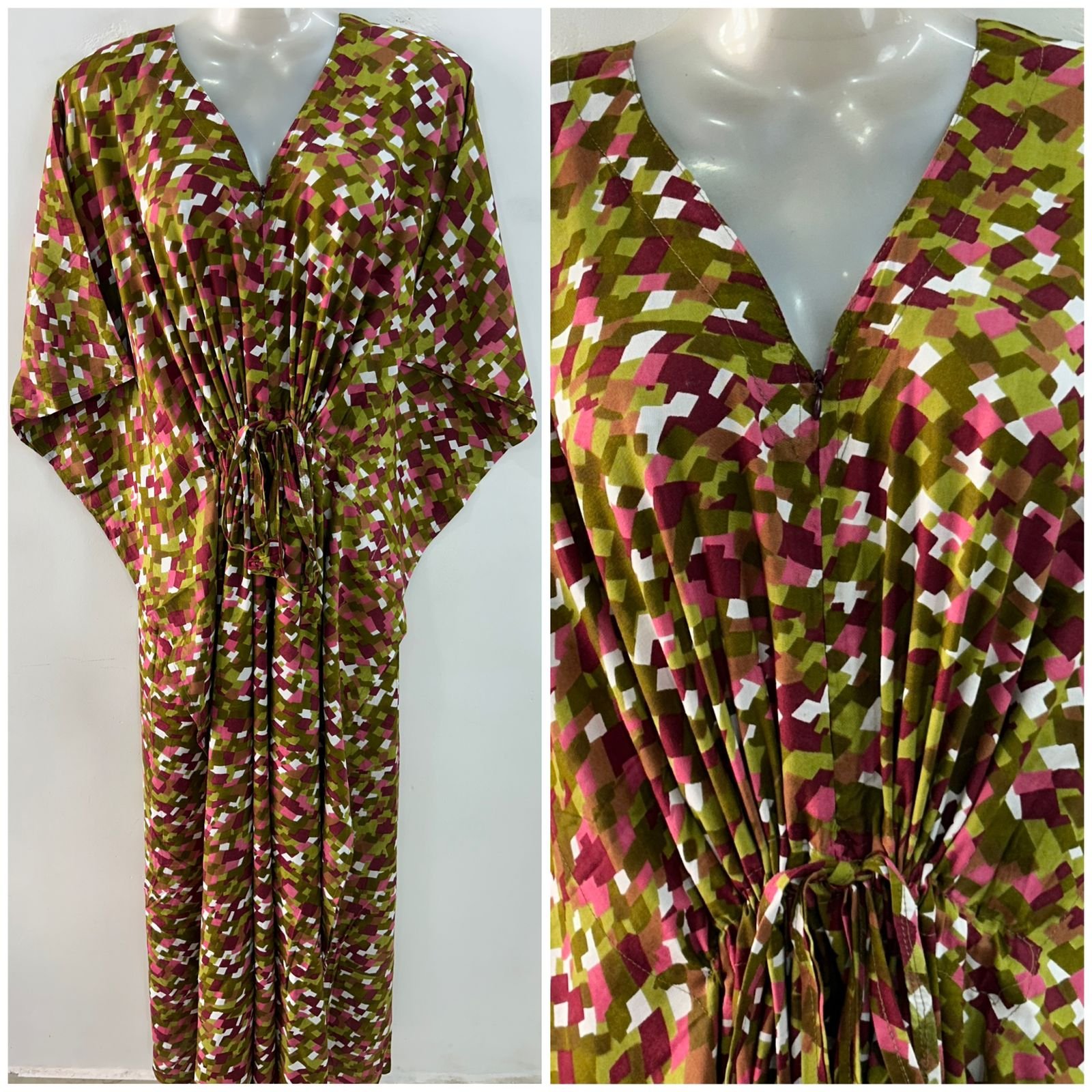 Olive-Mehroon Geometric Pixel Print Rayon Maternity Kaftan