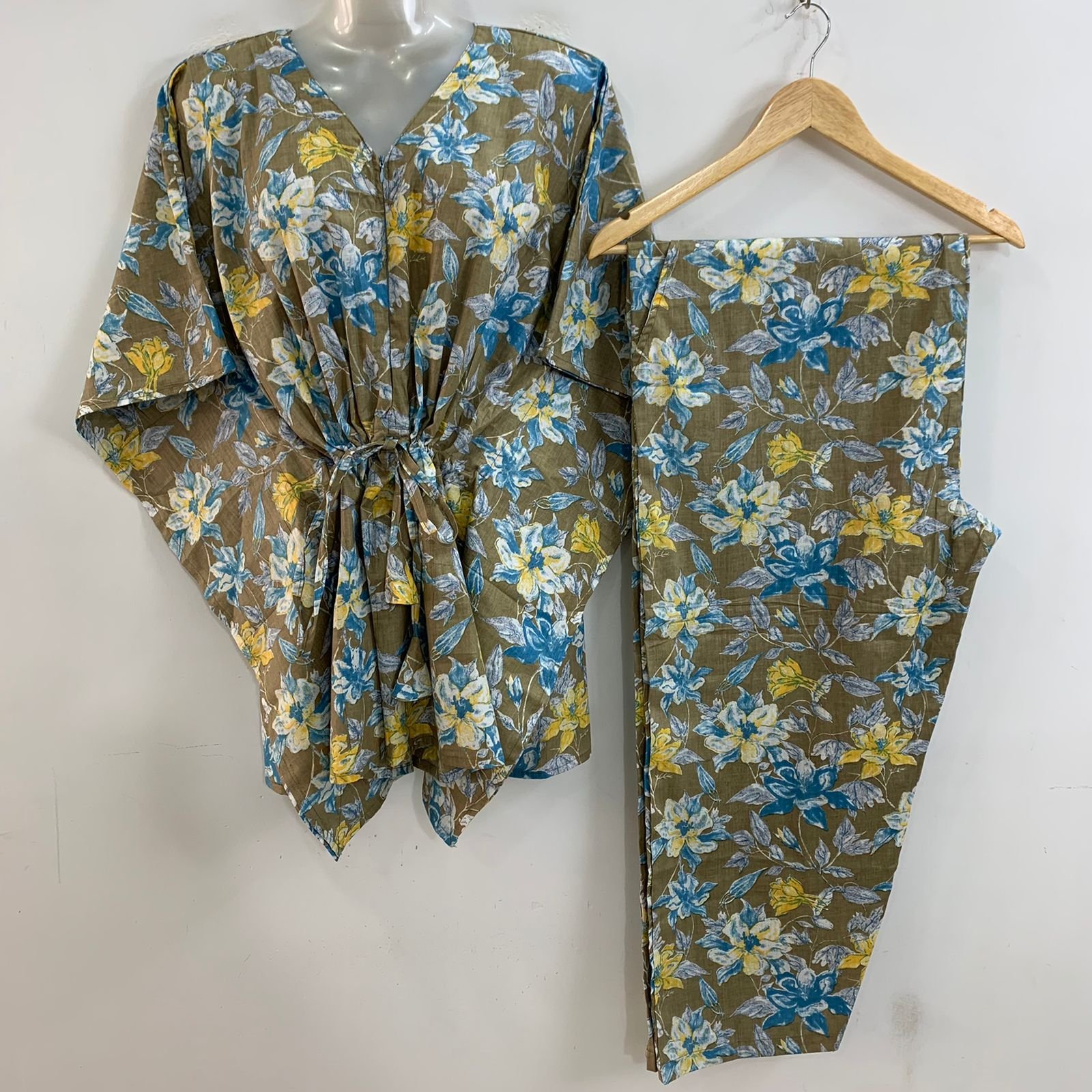 Slate Green shade Blue- Yellow Morning Glory Print Cotton Maternity Kaftan Co-Ord Set