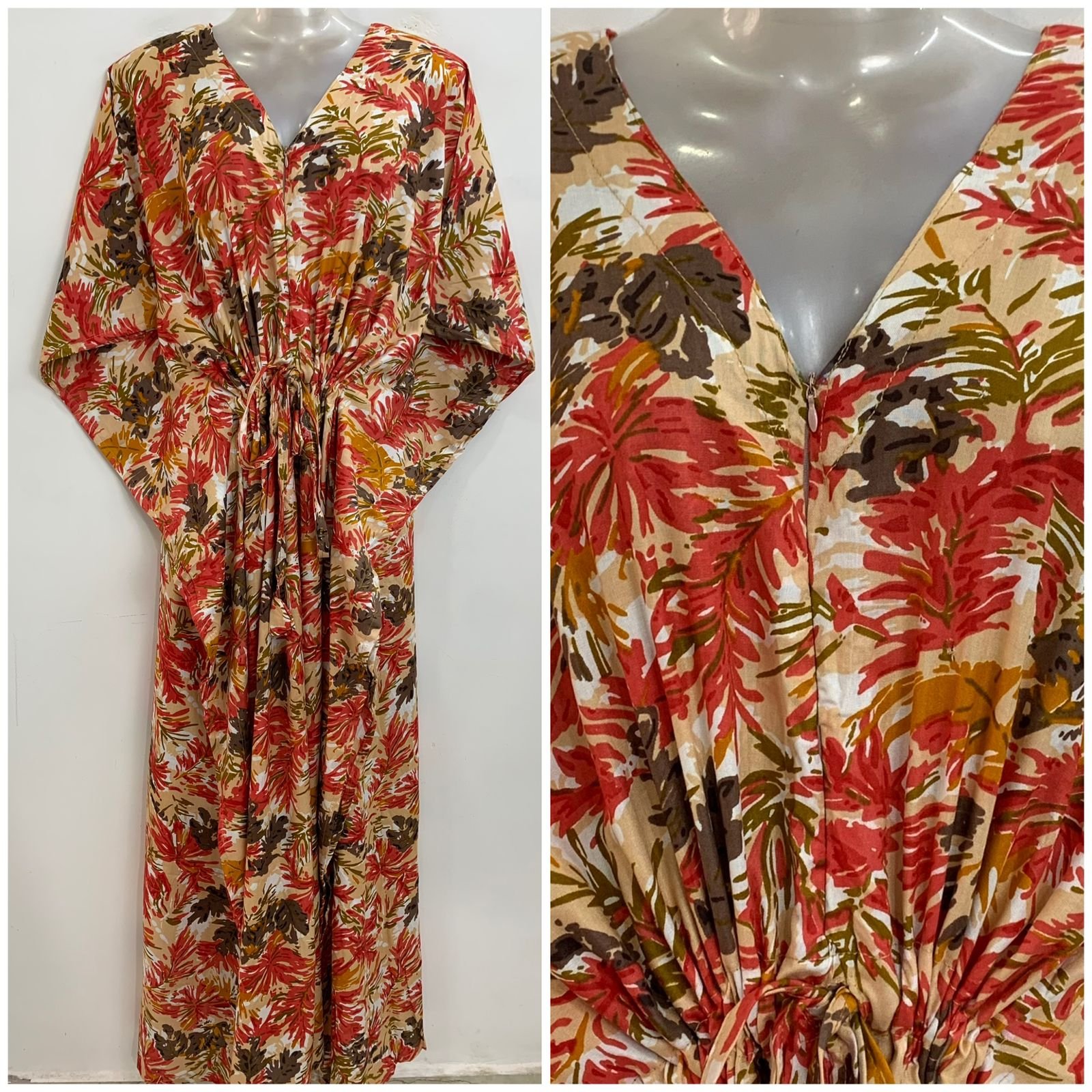 Peach-Yellow Pine Leafy Abstract Print Rayon Maternity Kaftan