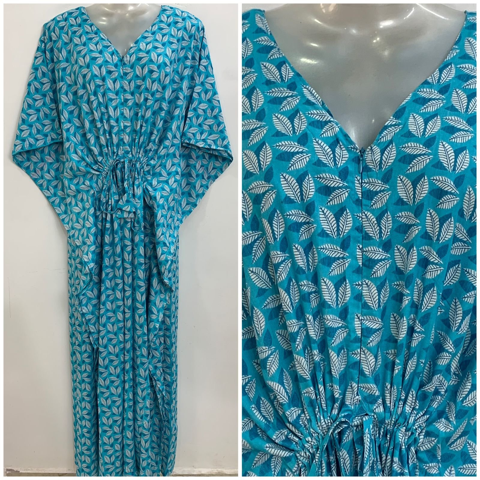 Light Blue Tiny Leafy Print Rayon Maternity Kaftan