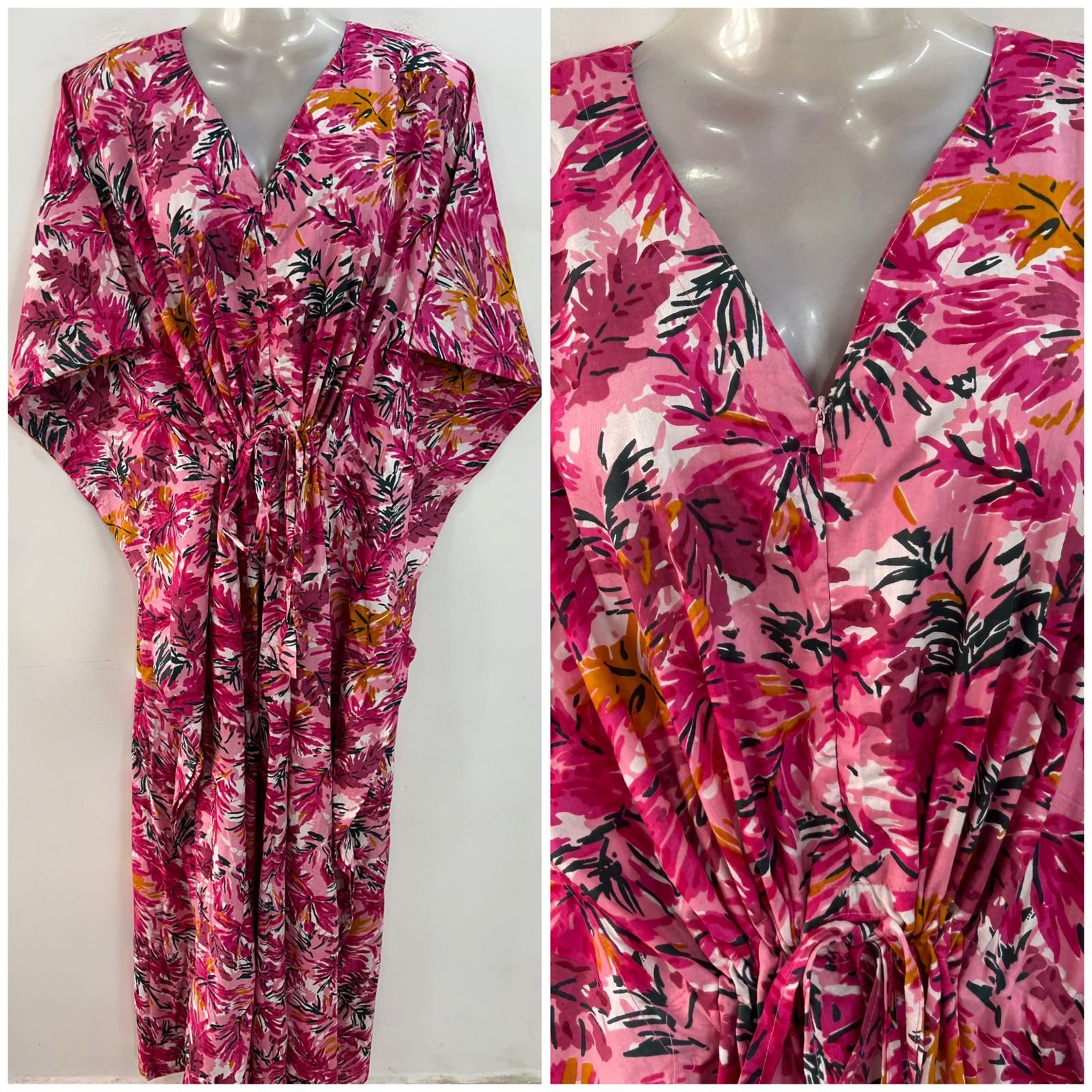 Pink shade Pink-Black Pine Leafy Abstract Print Rayon Maternity Kaftan