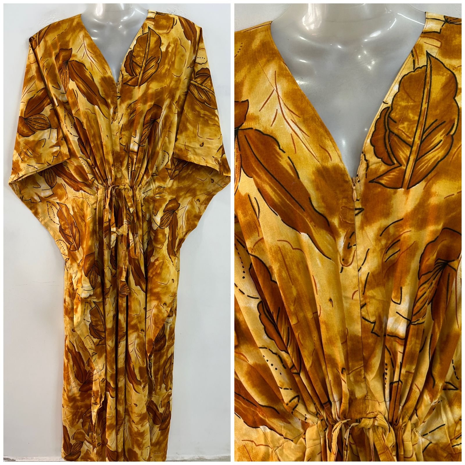 Mustard Brown shade Leafy Abstract Print Rayon Maternity Kaftan