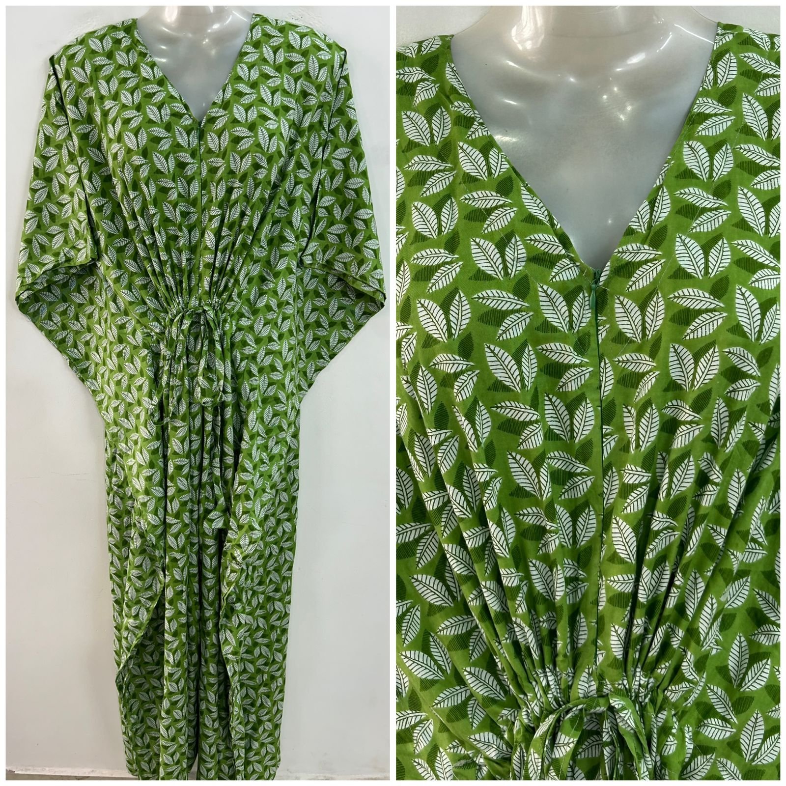 Fresh Green Tiny Leafy Print Rayon Maternity Kaftan