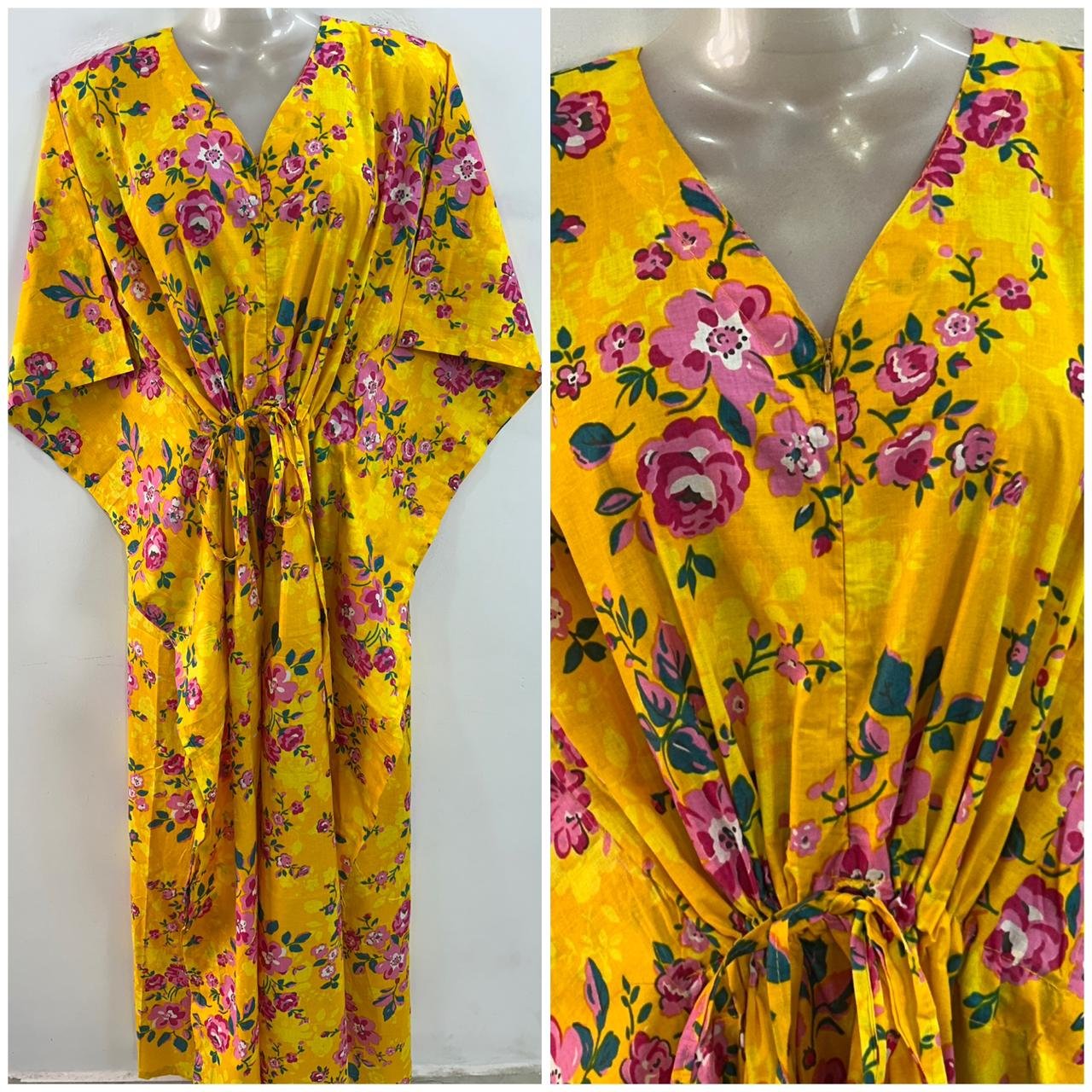 Yellow shade Pink Bunch flower Print Cotton Maternity Kaftan