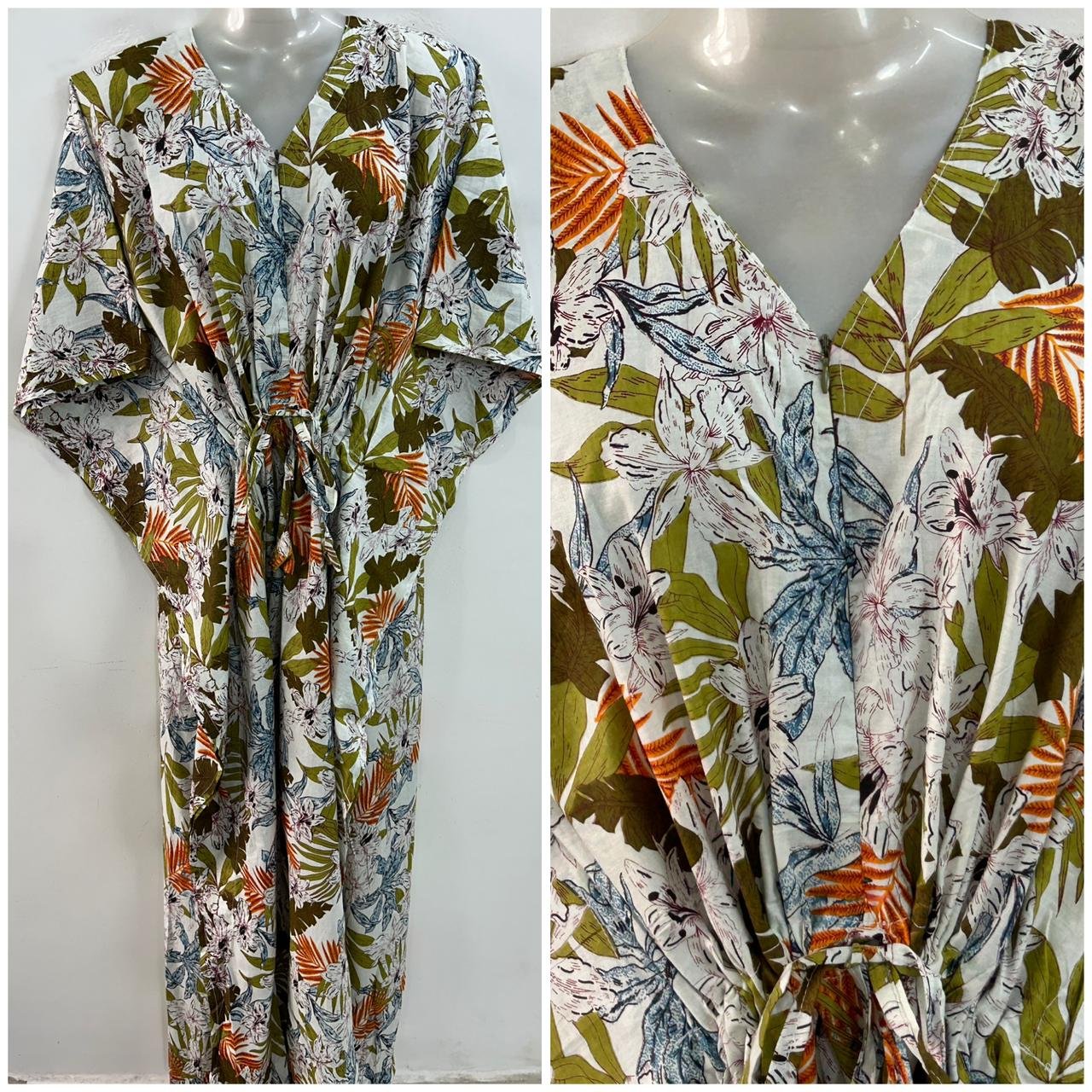 Orange-Green Leafy White Hibiscus Outliner Print Cotton Maternity Kaftan