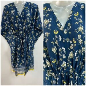 Dark Blue shade Small Yellow Spring Flower Print Mid-Length Rayon Maternity Kaftan Dress