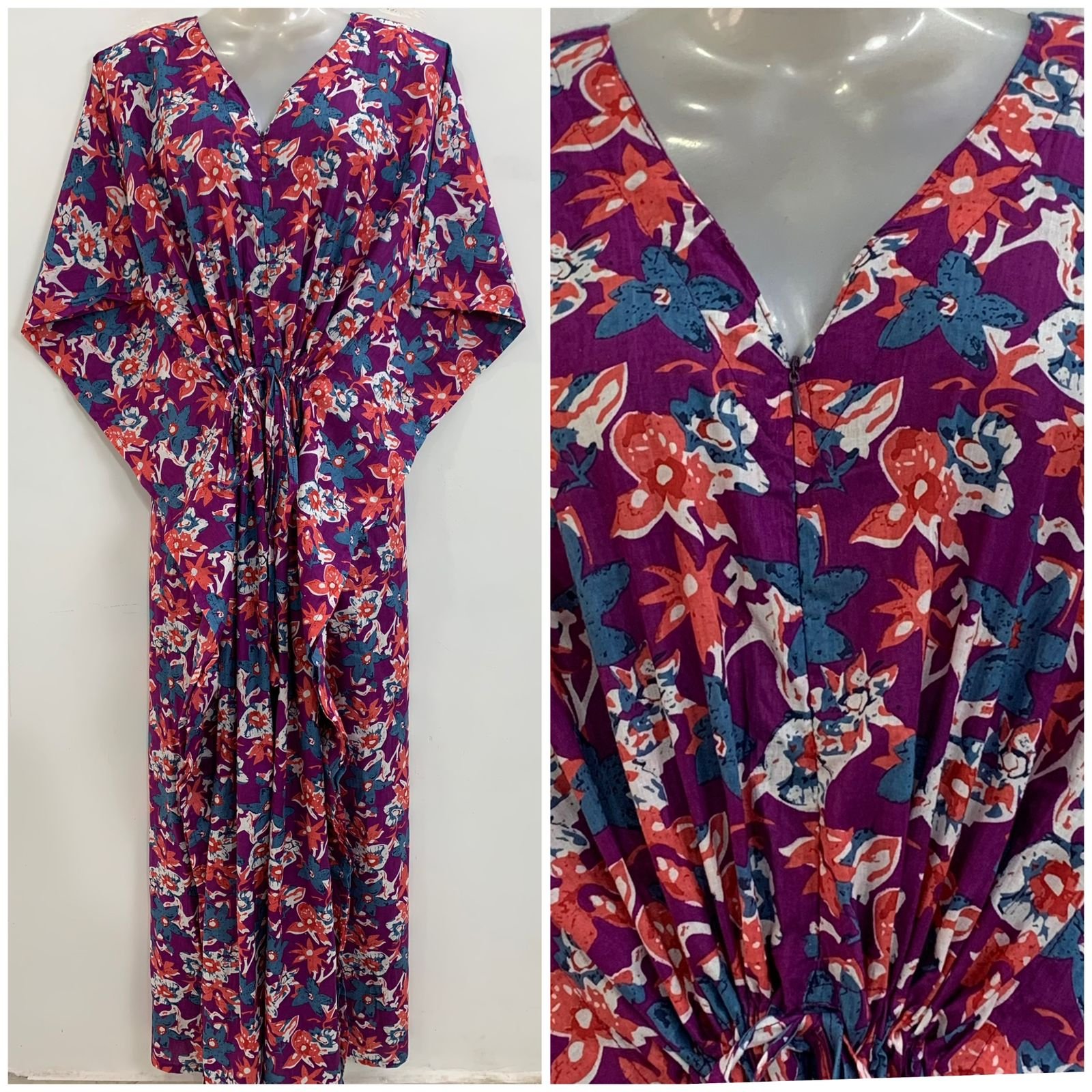Purple shade Blue-Orange Daisy Flower Print Cotton Maternity Kaftan