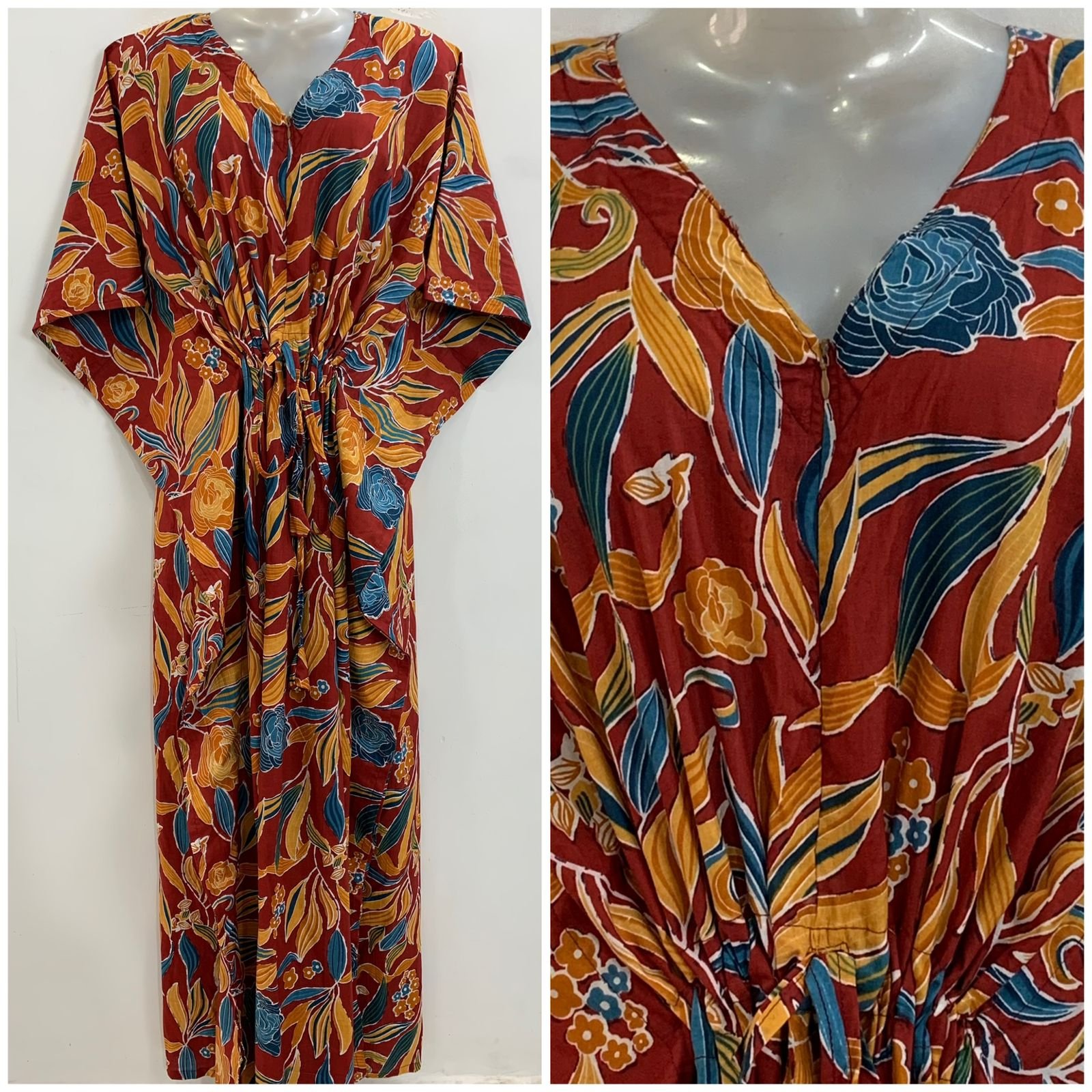 Red Shade Orange-BLue Leafy Flower Print Cotton Maternity Kaftan