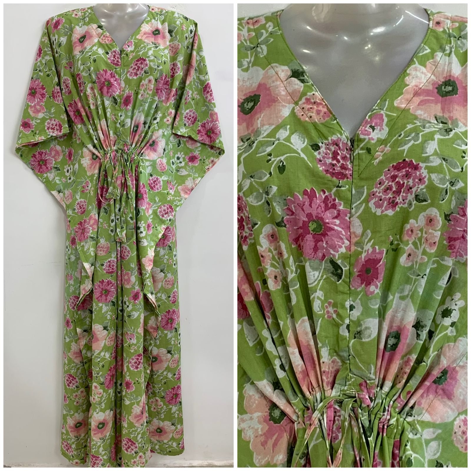 Light Green shade Pink Flower Garden Print Cotton Maternity Kaftan
