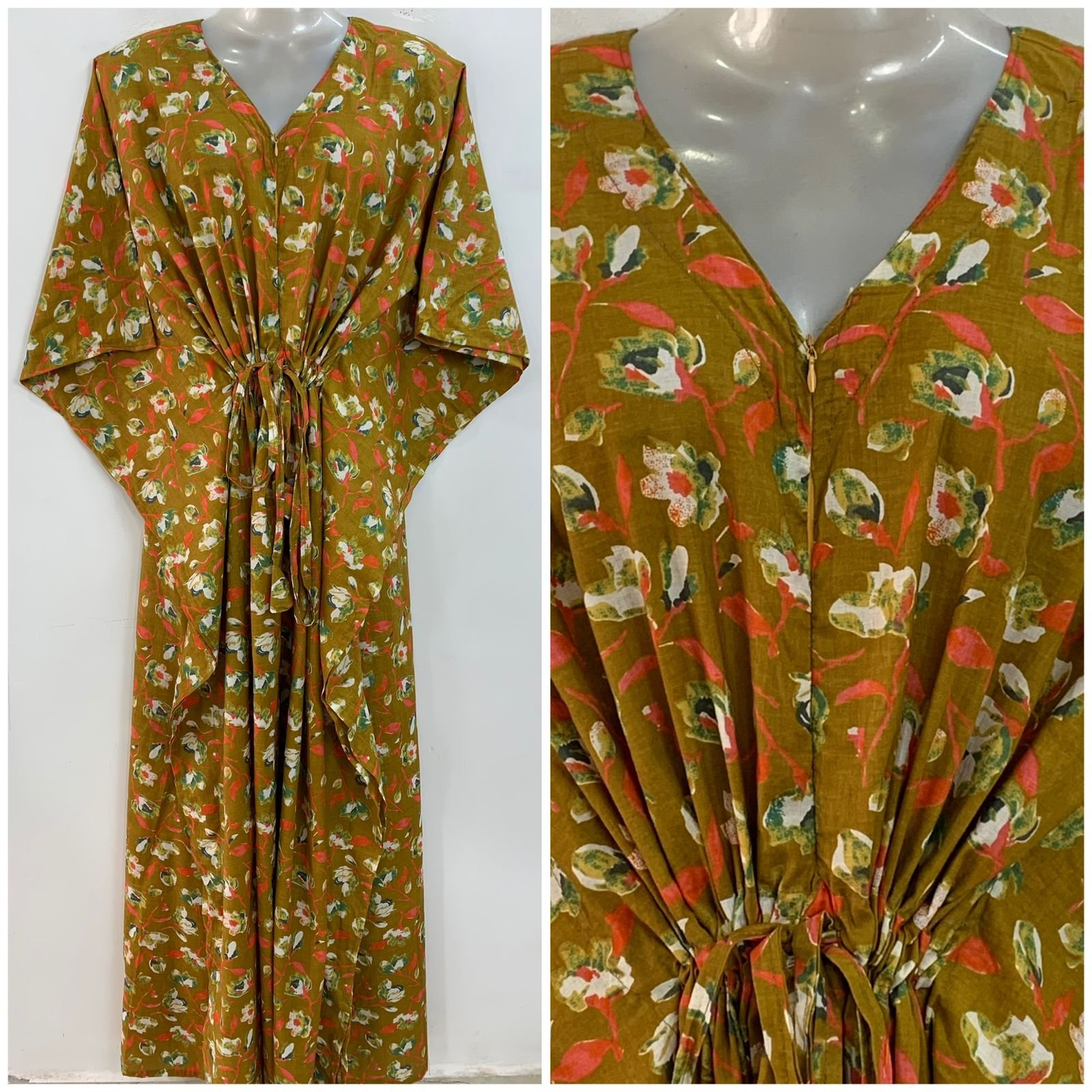 Mustard Brown shade Green flower Bale Print Cotton Maternity Kaftan