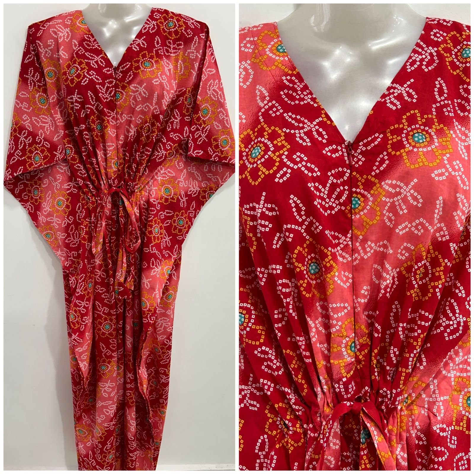 Red-Orange shaded Bandhini Print Cotton Kaftan