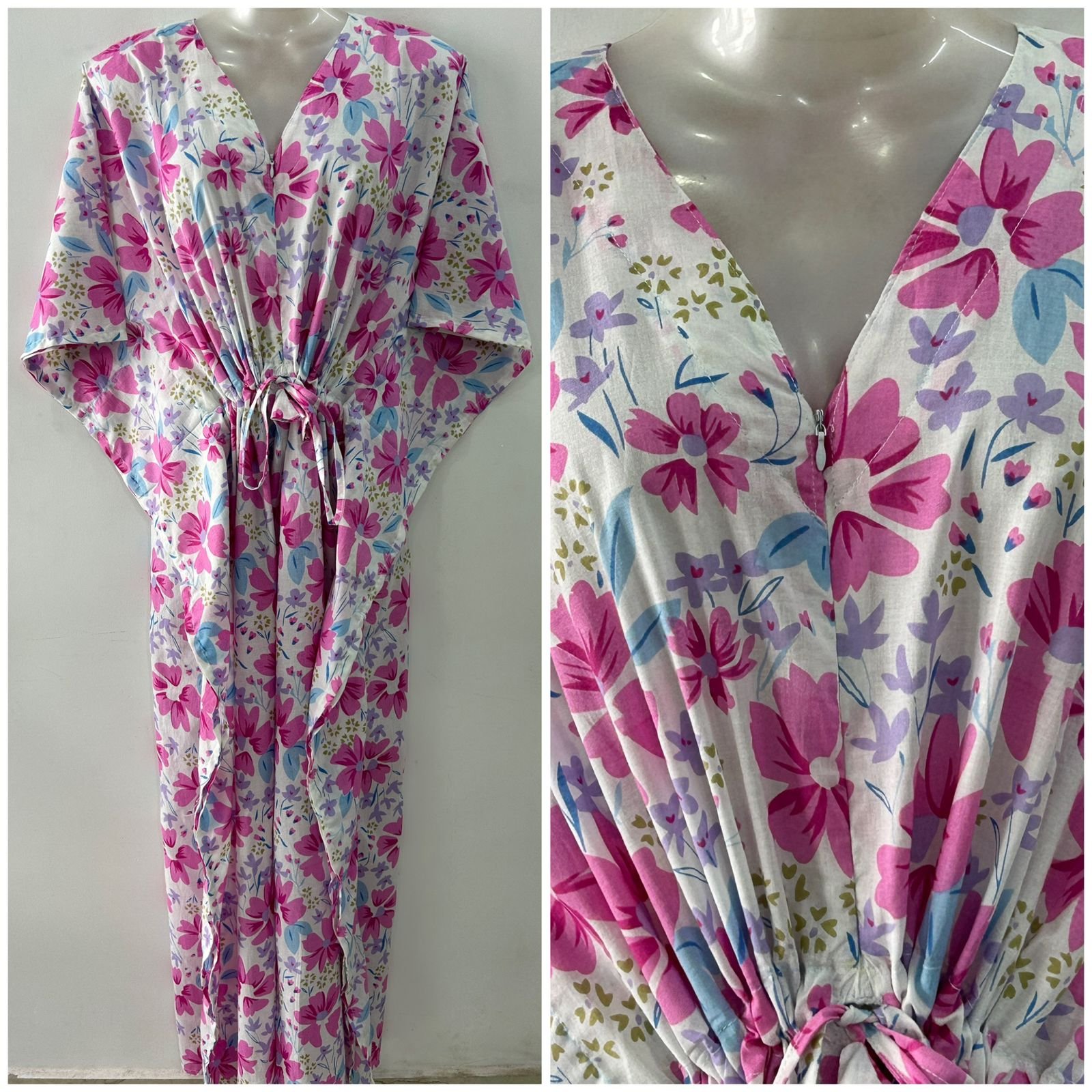 Pink Moonlight Flower Print Cotton Kaftan