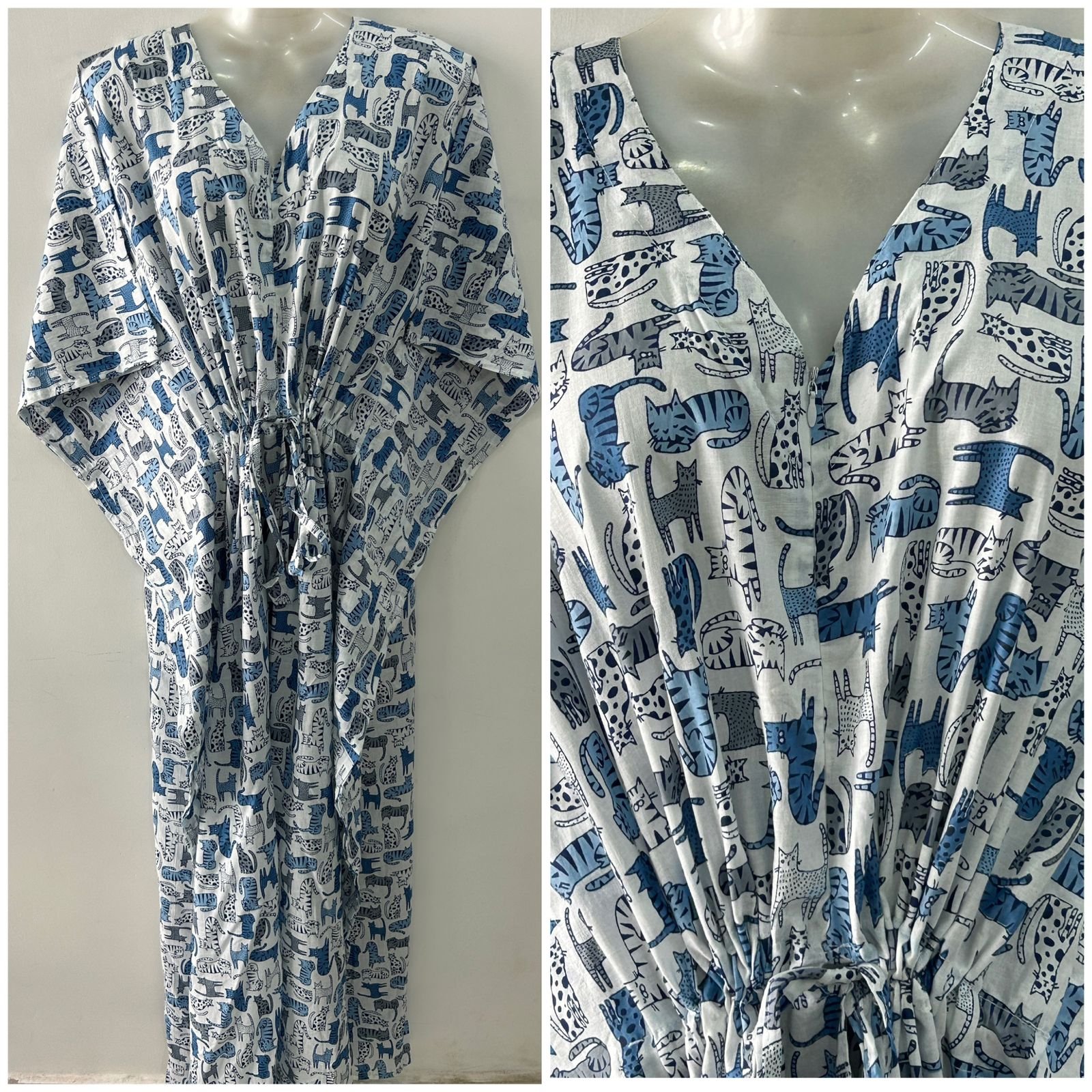 Blue Kitty Kat Print Cotton Kaftan
