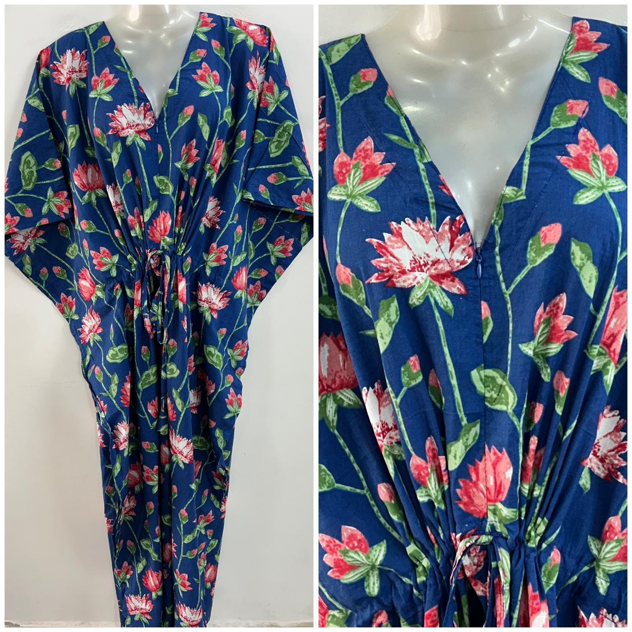 Deep Blue shade Pink Lotus Bale Print Cotton Kaftan