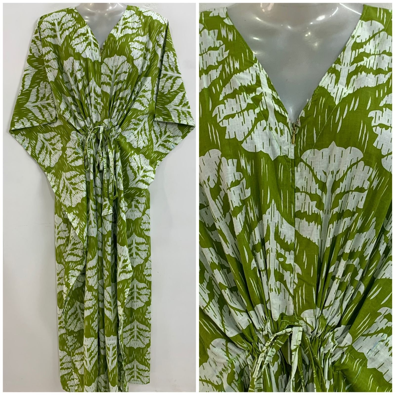 Fresh Green shaded Big Leafy Print Cotton Kaftan