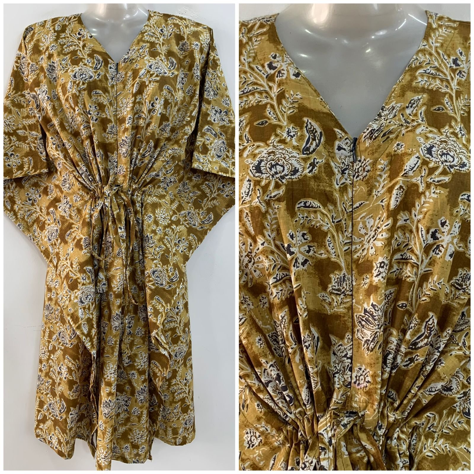 Brown Shaded Grey Flower Print Mid-Length Cotton Maternity Kaftan Dress