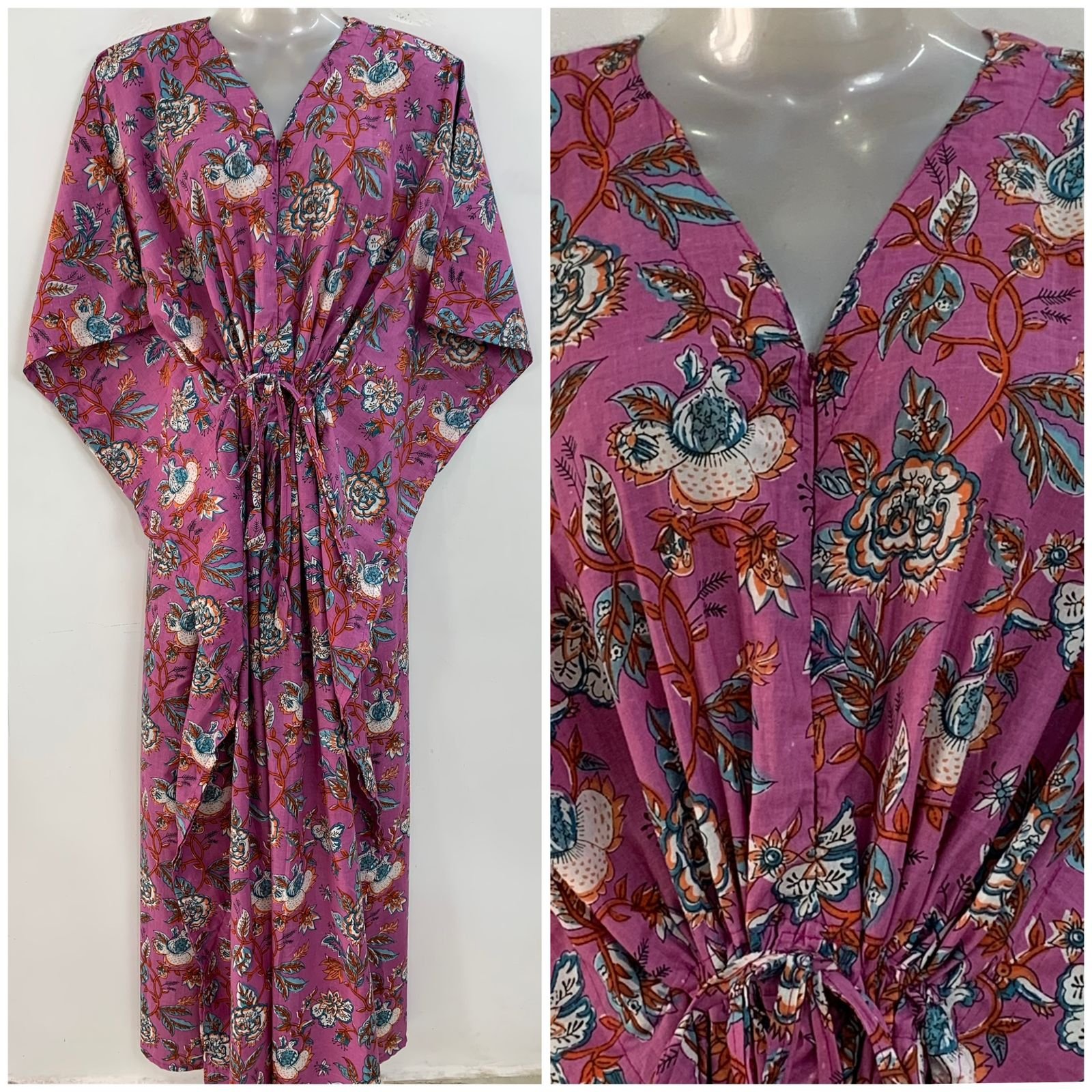 Purple shade Blue Marigold Flower Print Cotton Maternity Kaftan