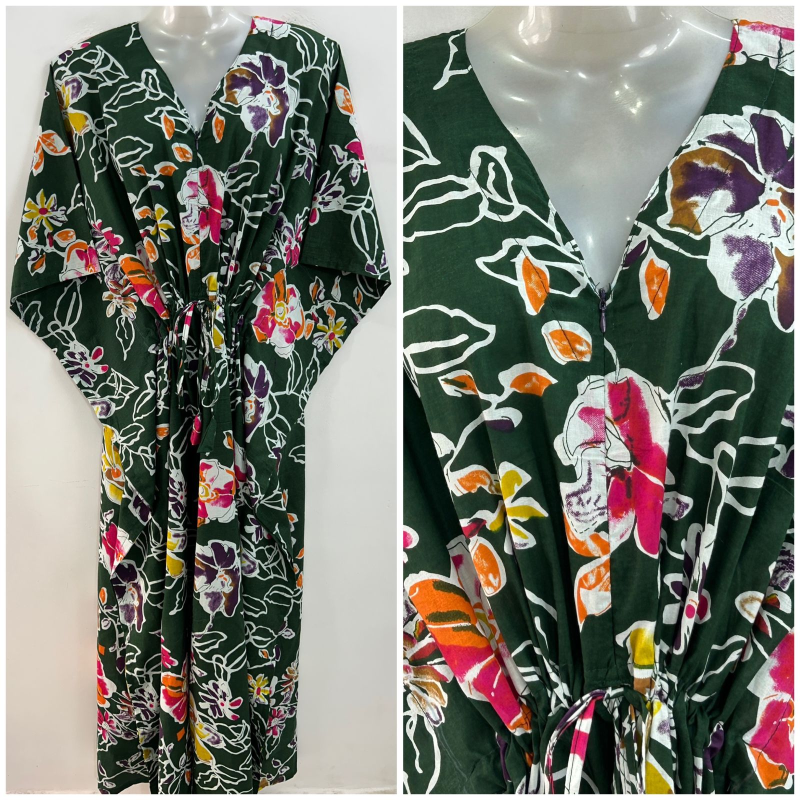 Dark Green shade Multicolor Flower Outliner Print Cotton Maternity Nursing Kaftan