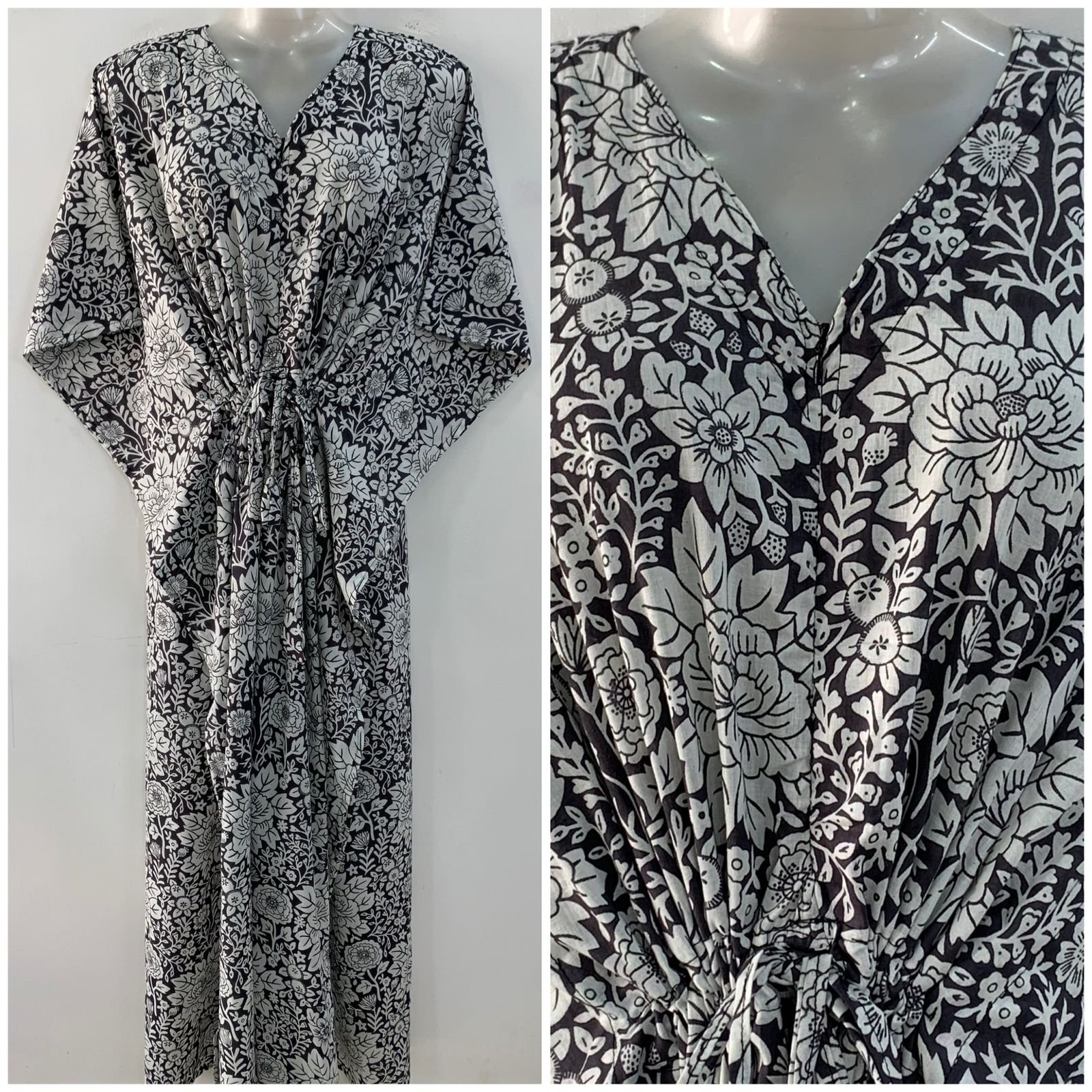 Black shade White Big leafy Flowery Print Cotton Maternity Kaftan