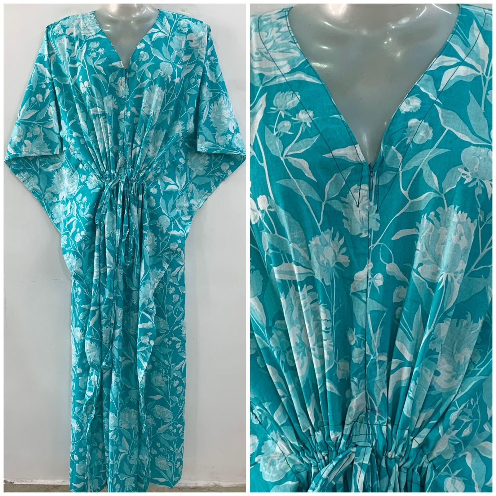 Seagreen shade Decorative Dalia Print Cotton Maternity Kaftan