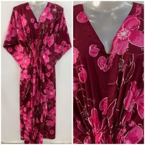 Dark Mehroon Shade Pink Big Flower Print Cotton Maternity Kaftan