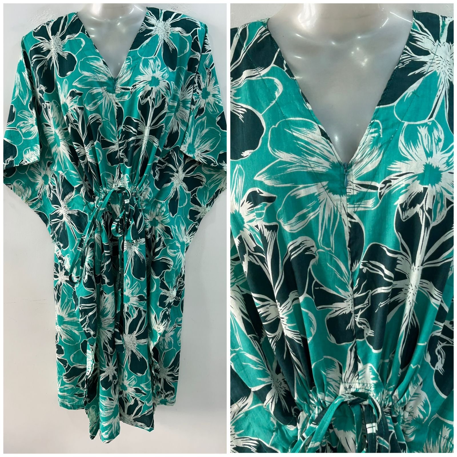 Green shaded Big Flower Outliner Print Mid-Length Cotton Maternity Kaftan Dress
