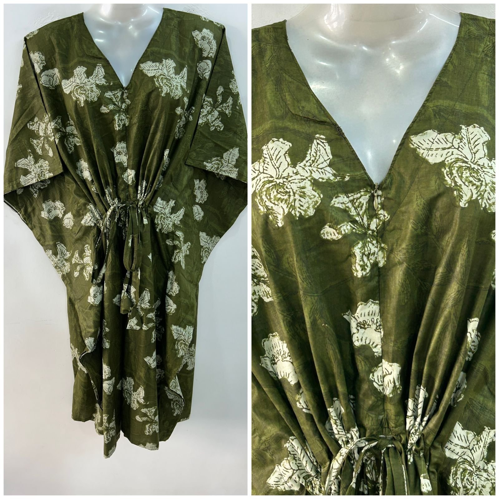 Olive Green shade white flower Garden Print Mid-Length Cotton Maternity Kaftan Dress